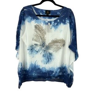JM Collection Chiffon Butterfly Embellished Scoop Neck Blouse XL Petite Blue NWT